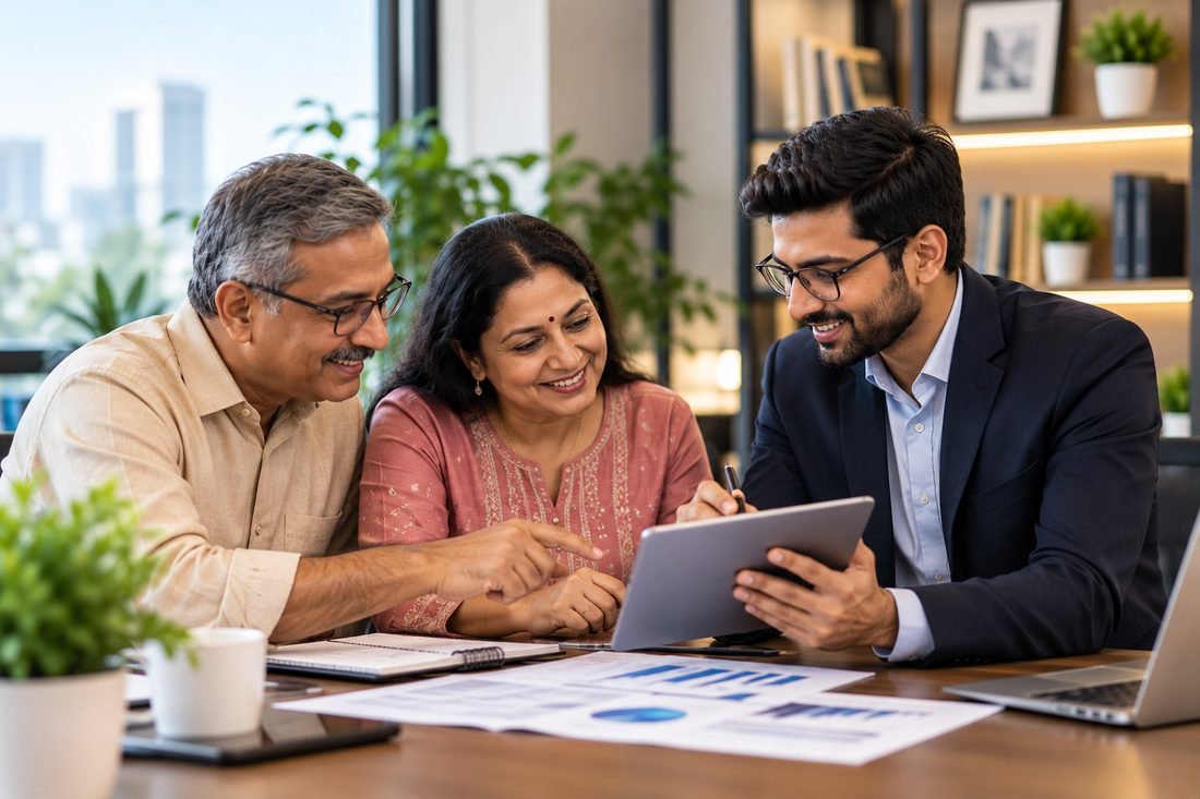 An InvestWorks adviser reviewing an investment plan with a couple